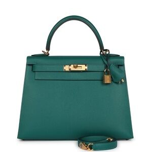 Elegant Green Handbag H Kelly Sellier 28 Malachite Epsom Leather Gold Hardware